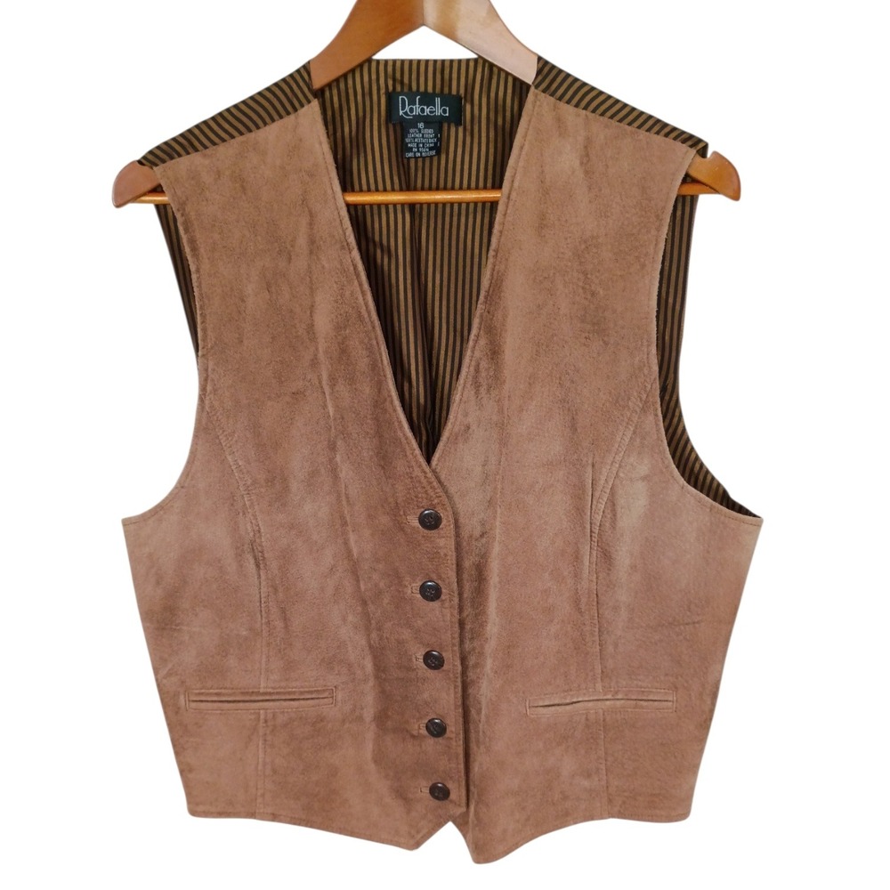 Rafaella Tan Sueded Leather Vest Brown Striped Back Vintage 90s Waistcoat 16